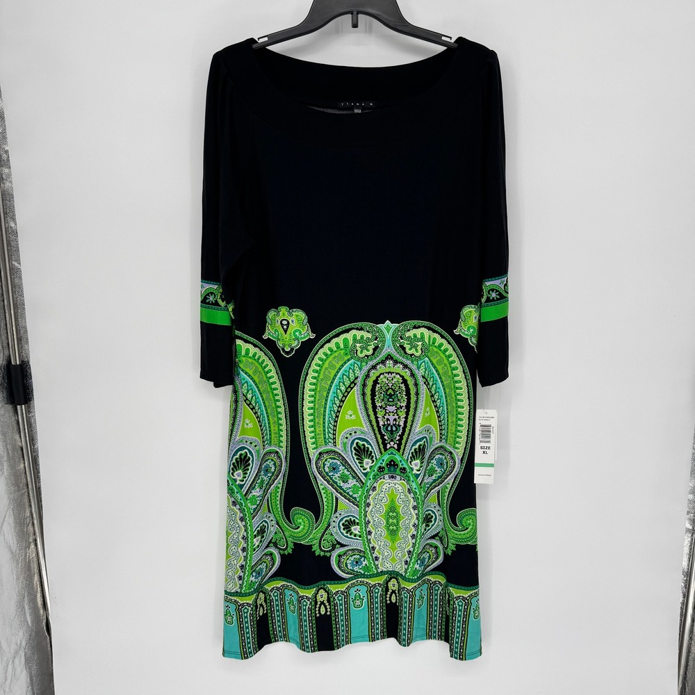 Tiana B. Black Dress with Green Paisley Print